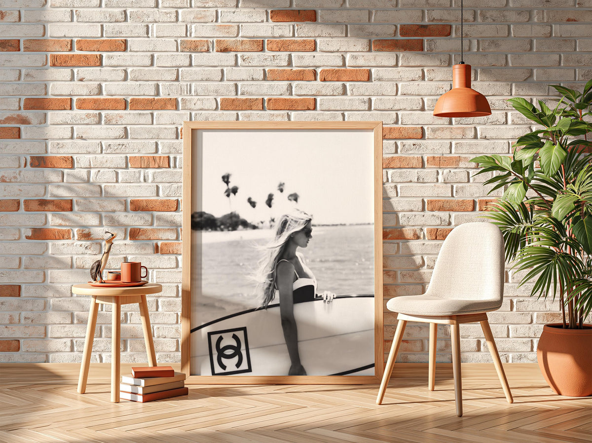 Surfer Girl Board Poster | Black and White Photography Print | Vintage Surf Wall Art | Retro Beach Lifestyle Decor