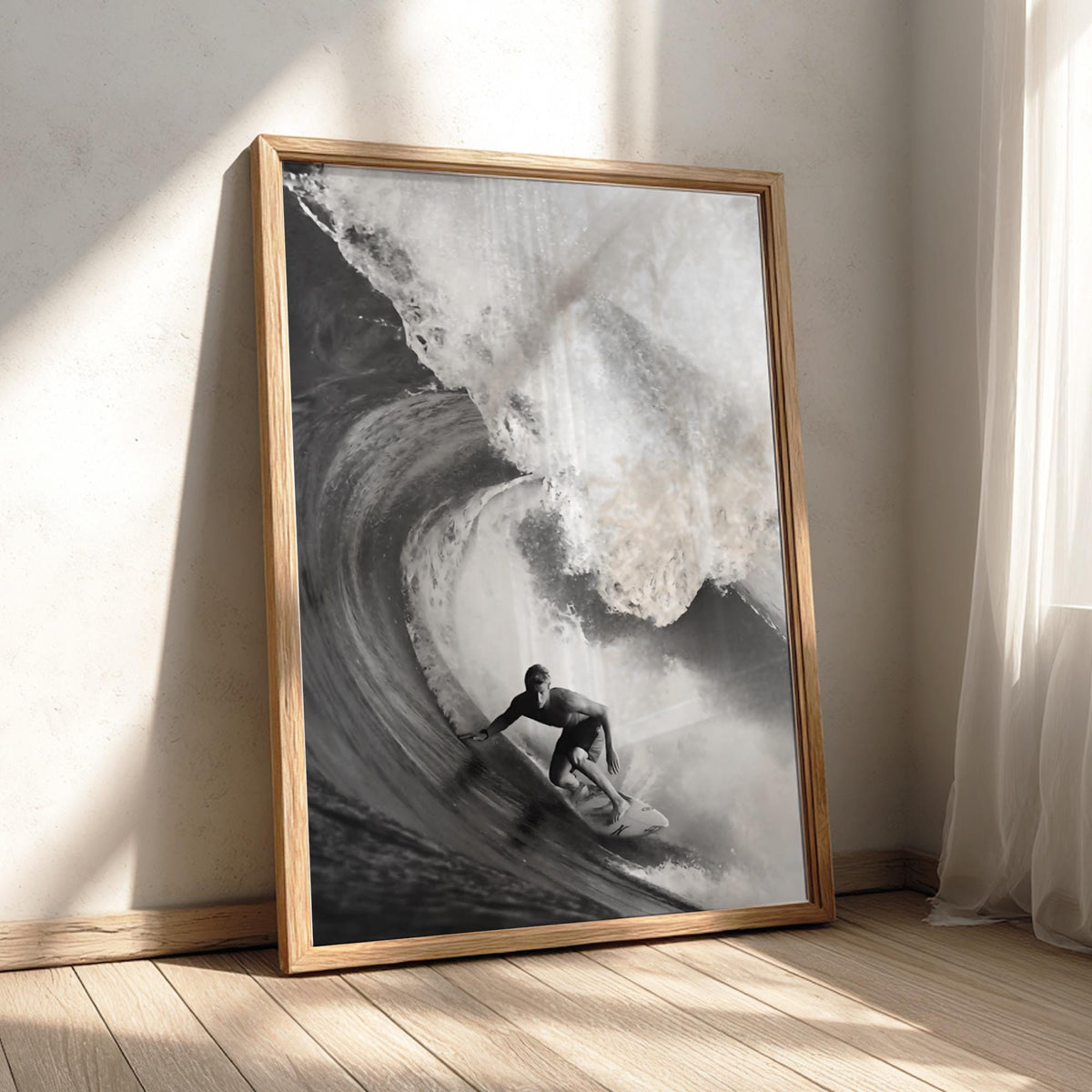 Surfer Riding Barrel Wave Poster | Black and White Photography Print | Vintage Surf Wall Art | Retro Ocean Lifestyle Decor