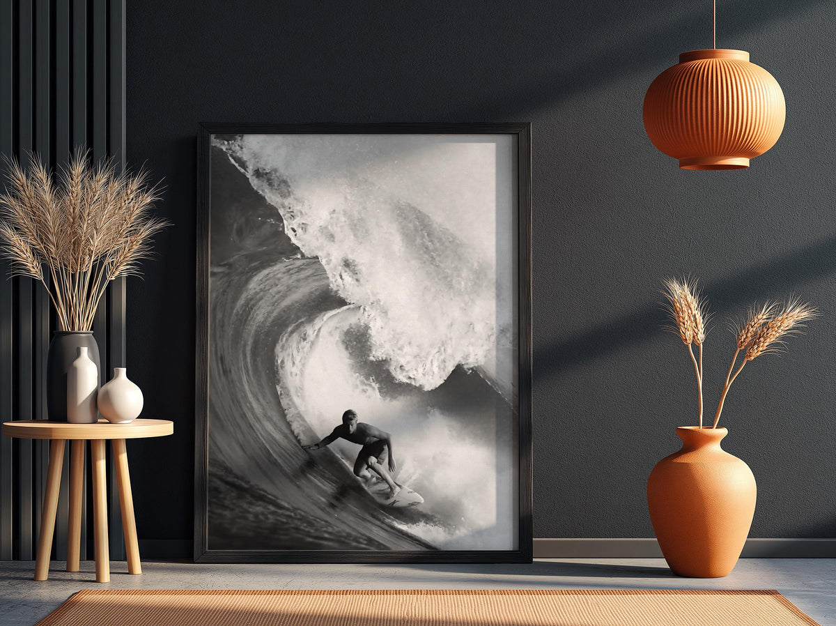 Surfer Riding Barrel Wave Poster | Black and White Photography Print | Vintage Surf Wall Art | Retro Ocean Lifestyle Decor