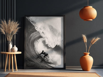 Surfer Riding Barrel Wave Poster | Black and White Photography Print | Vintage Surf Wall Art | Retro Ocean Lifestyle Decor