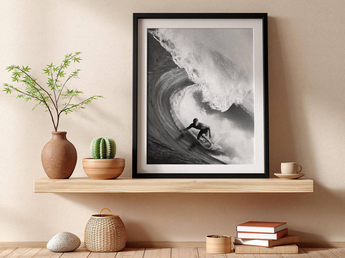 Surfer Riding Barrel Wave Poster | Black and White Photography Print | Vintage Surf Wall Art | Retro Ocean Lifestyle Decor