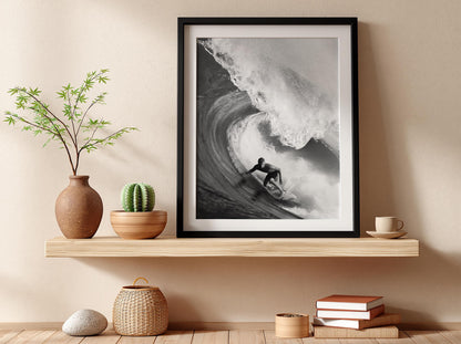 Surfer Riding Barrel Wave Poster | Black and White Photography Print | Vintage Surf Wall Art | Retro Ocean Lifestyle Decor
