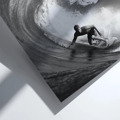 Surfer Riding Barrel Wave Poster | Black and White Photography Print | Vintage Surf Wall Art | Retro Ocean Lifestyle Decor
