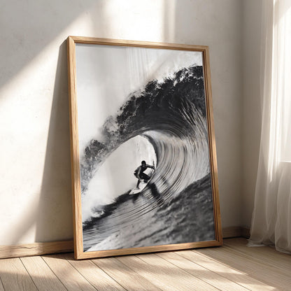 Surfer Riding Wave Poster | Black and White Photography Print | Vintage Surf Wall Art | Retro Ocean Lifestyle Decor