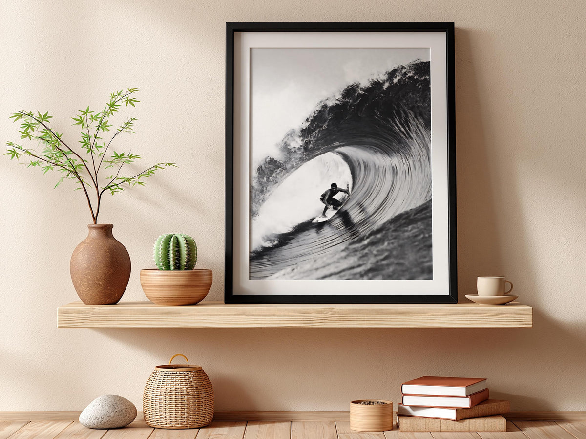 Surfer Riding Wave Poster | Black and White Photography Print | Vintage Surf Wall Art | Retro Ocean Lifestyle Decor