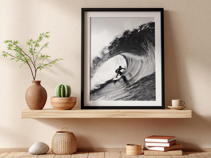 Surfer Riding Wave Poster | Black and White Photography Print | Vintage Surf Wall Art | Retro Ocean Lifestyle Decor