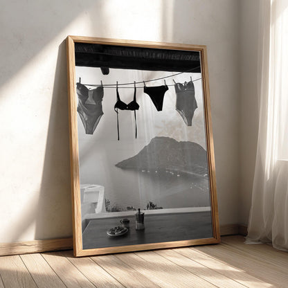 Swimsuits Drying Island View Poster | Black and White Photography Print | Vintage Beach Wall Art | Retro Coastal Lifestyle Decor