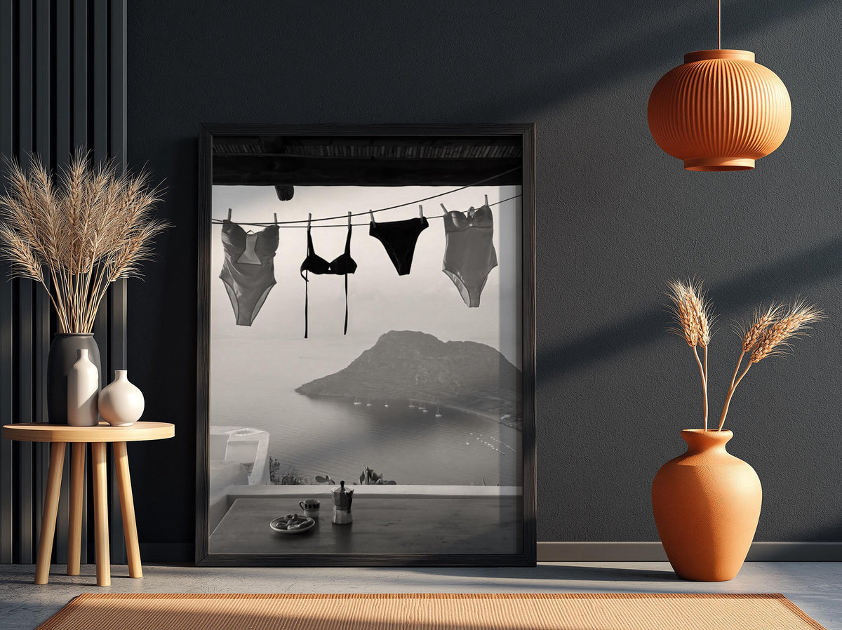 Swimsuits Drying Island View Poster | Black and White Photography Print | Vintage Beach Wall Art | Retro Coastal Lifestyle Decor
