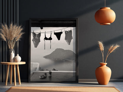 Swimsuits Drying Island View Poster | Black and White Photography Print | Vintage Beach Wall Art | Retro Coastal Lifestyle Decor