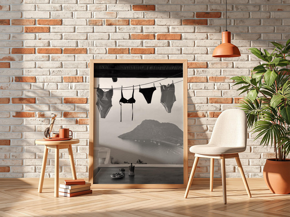 Swimsuits Drying Island View Poster | Black and White Photography Print | Vintage Beach Wall Art | Retro Coastal Lifestyle Decor
