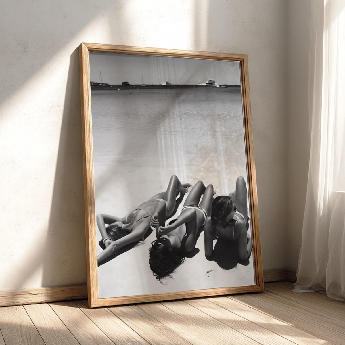 Three Friends Sunbathing Beach Poster | Black and White Photography Print | Vintage Summer Wall Art | Retro Coastal Decor