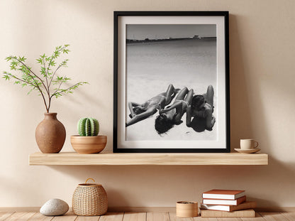 Three Friends Sunbathing Beach Poster | Black and White Photography Print | Vintage Summer Wall Art | Retro Coastal Decor