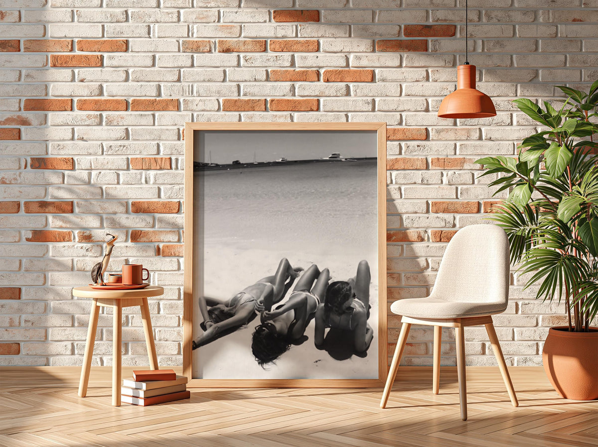 Three Friends Sunbathing Beach Poster | Black and White Photography Print | Vintage Summer Wall Art | Retro Coastal Decor
