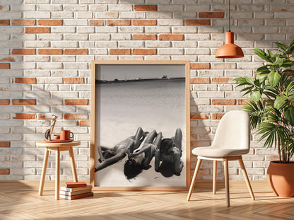 Three Friends Sunbathing Beach Poster | Black and White Photography Print | Vintage Summer Wall Art | Retro Coastal Decor