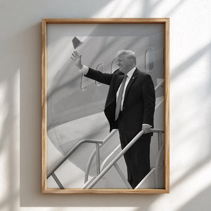Trump Waving Airplane Steps Poster | Black and White Photography Print | Vintage Political History Wall Art | Retro Aviation Decor