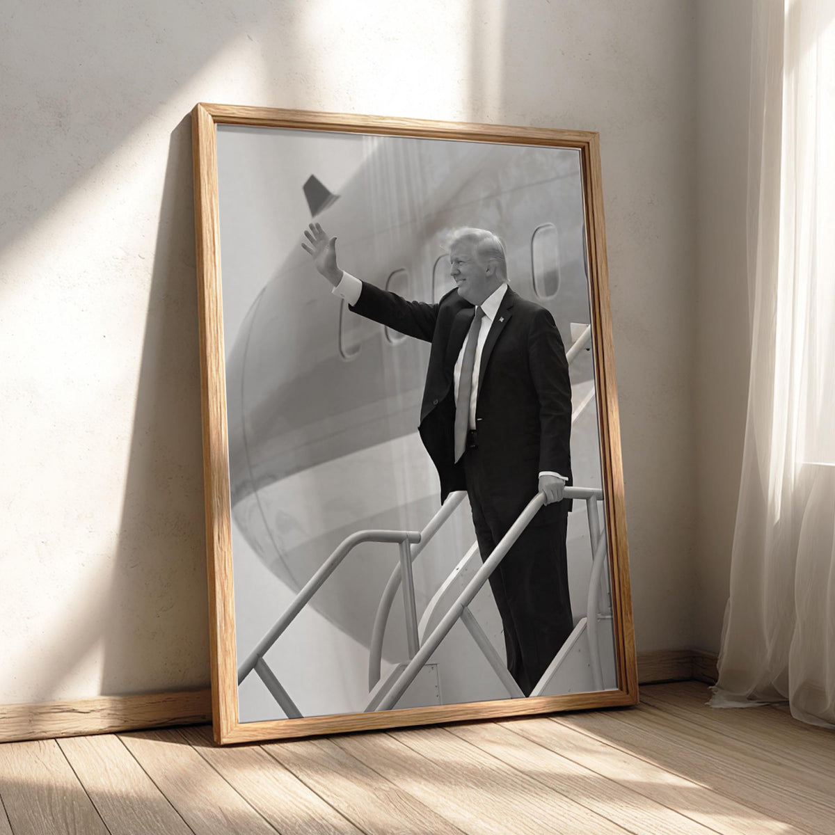 Trump Waving Airplane Steps Poster | Black and White Photography Print | Vintage Political History Wall Art | Retro Aviation Decor
