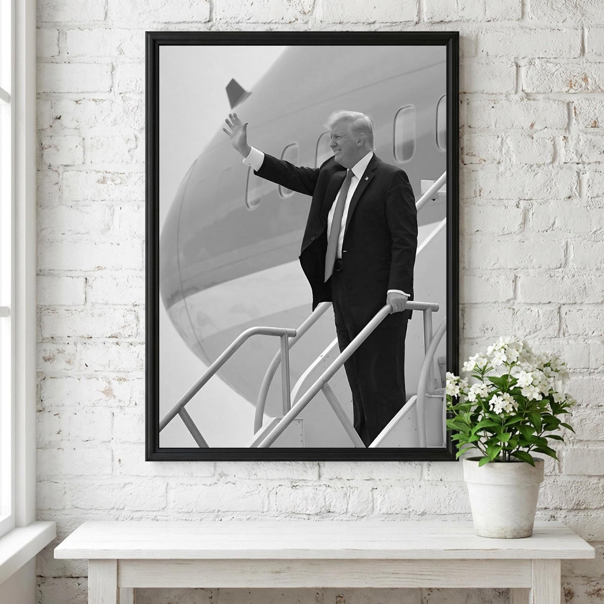 Trump Waving Airplane Steps Poster | Black and White Photography Print | Vintage Political History Wall Art | Retro Aviation Decor