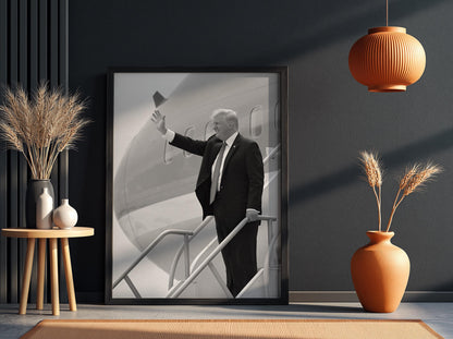 Trump Waving Airplane Steps Poster | Black and White Photography Print | Vintage Political History Wall Art | Retro Aviation Decor