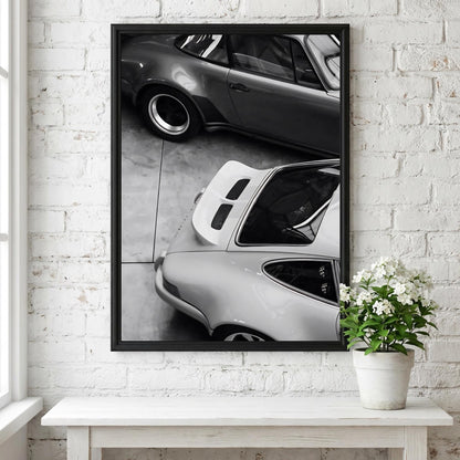 Two 911s Garage Poster | Black and White Photography Print | Vintage Car Wall Art | Retro Luxury Automotive Decor