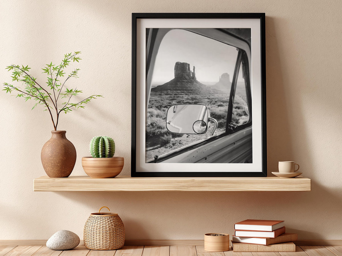 Van Window Monument Valley View Poster | Black and White Photography Print | Vintage Road Trip Wall Art | Retro Travel Decor