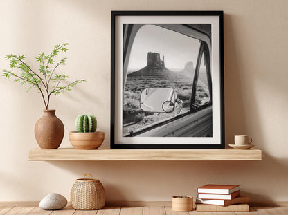 Van Window Monument Valley View Poster | Black and White Photography Print | Vintage Road Trip Wall Art | Retro Travel Decor