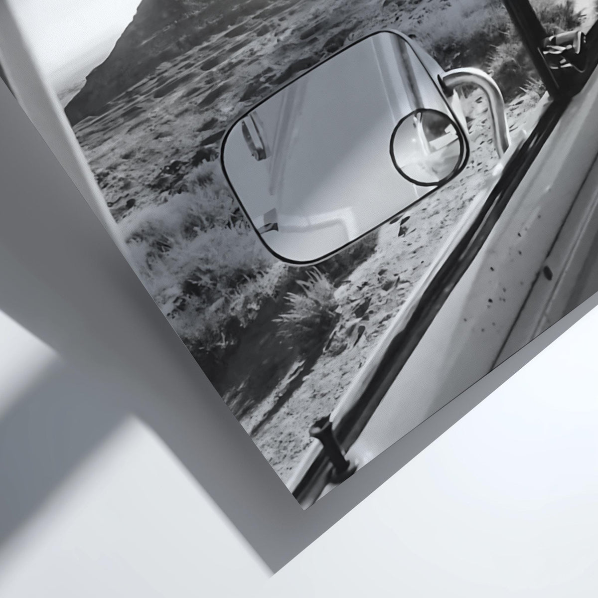 Van Window Monument Valley View Poster | Black and White Photography Print | Vintage Road Trip Wall Art | Retro Travel Decor