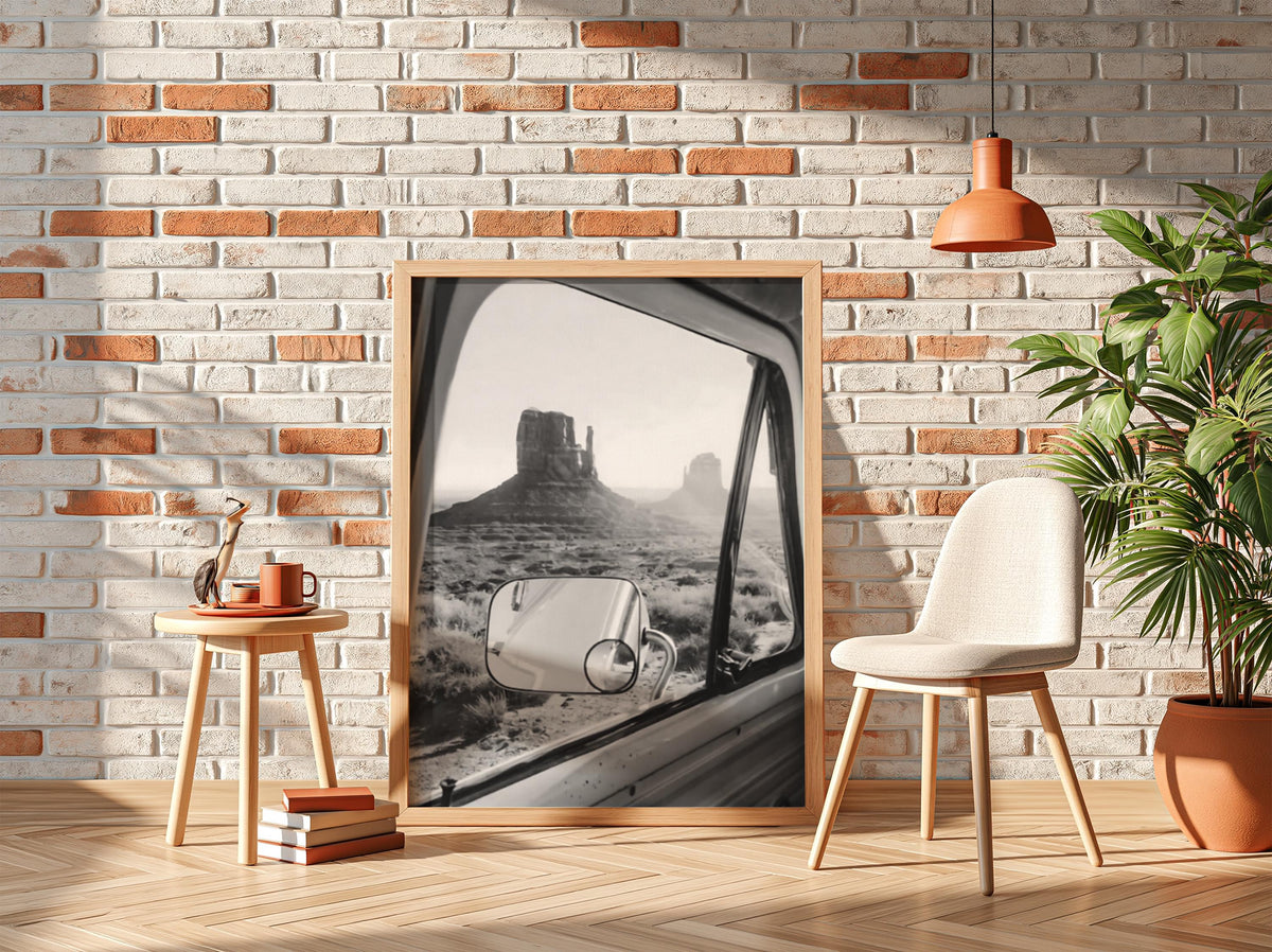 Van Window Monument Valley View Poster | Black and White Photography Print | Vintage Road Trip Wall Art | Retro Travel Decor