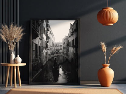 Venice Gondolier Canal Bridge Poster | Black and White Photography Print | Vintage Italy Wall Art | Retro Travel Decor