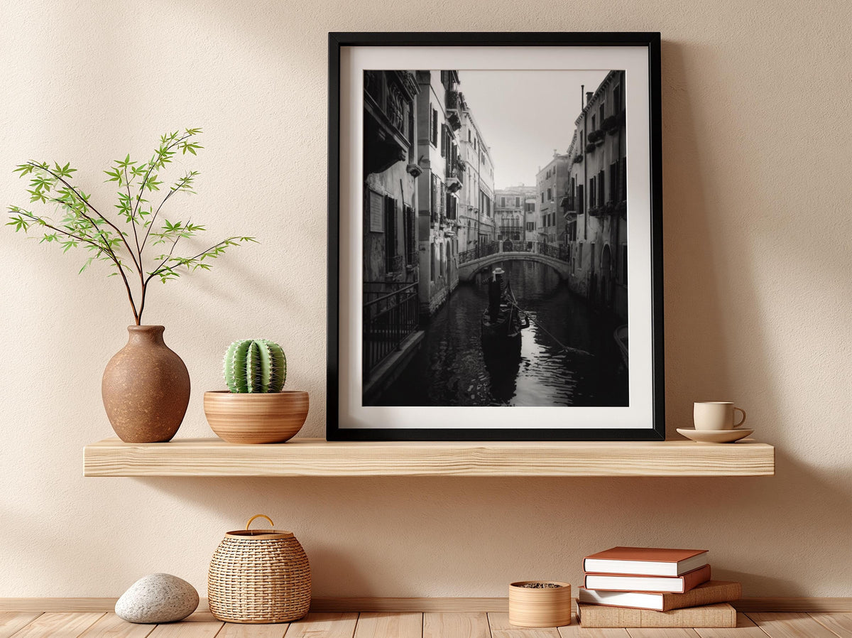 Venice Gondolier Canal Bridge Poster | Black and White Photography Print | Vintage Italy Wall Art | Retro Travel Decor