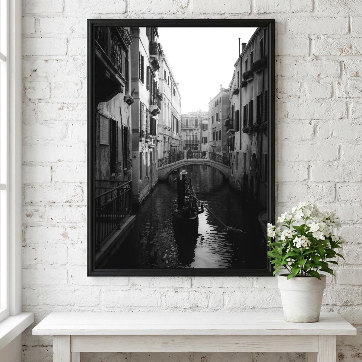 Venice Gondolier Canal Bridge Poster | Black and White Photography Print | Vintage Italy Wall Art | Retro Travel Decor