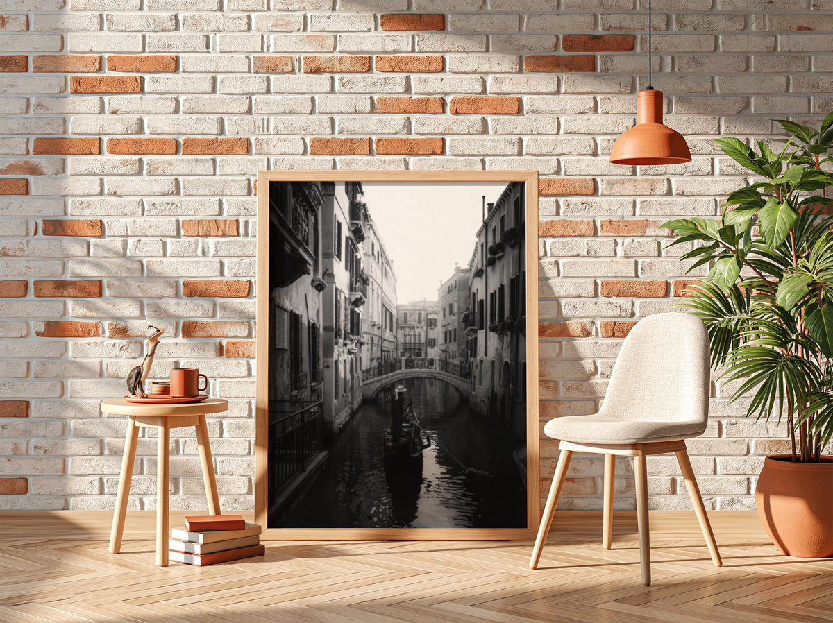 Venice Gondolier Canal Bridge Poster | Black and White Photography Print | Vintage Italy Wall Art | Retro Travel Decor