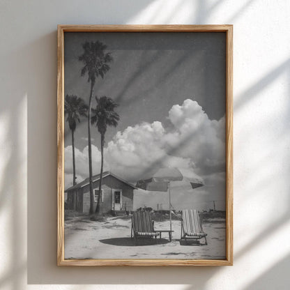 Vintage Beach Cottage Umbrella Poster | Black and White Photography Print | Coastal Wall Art | Retro Summer Travel Decor