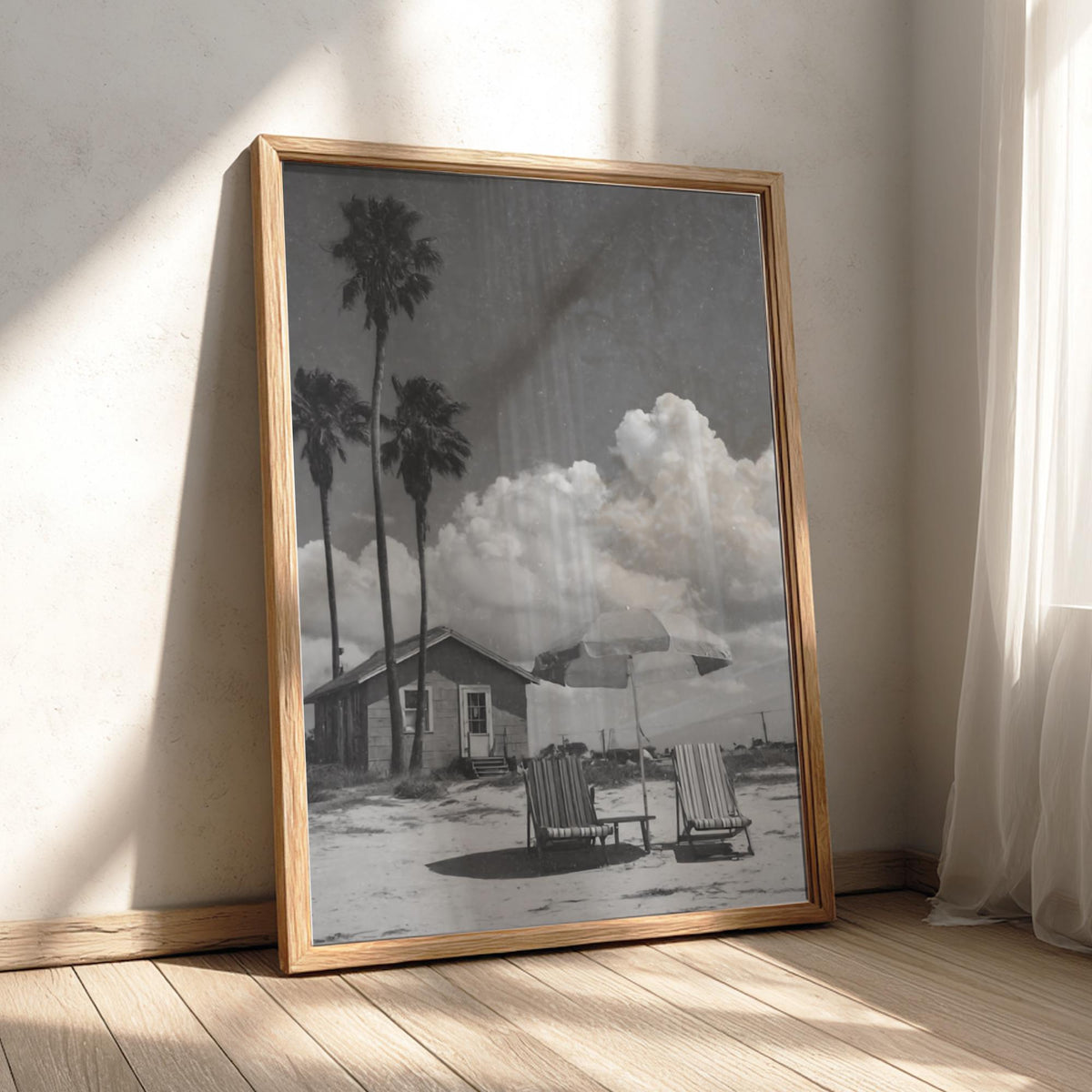 Vintage Beach Cottage Umbrella Poster | Black and White Photography Print | Coastal Wall Art | Retro Summer Travel Decor