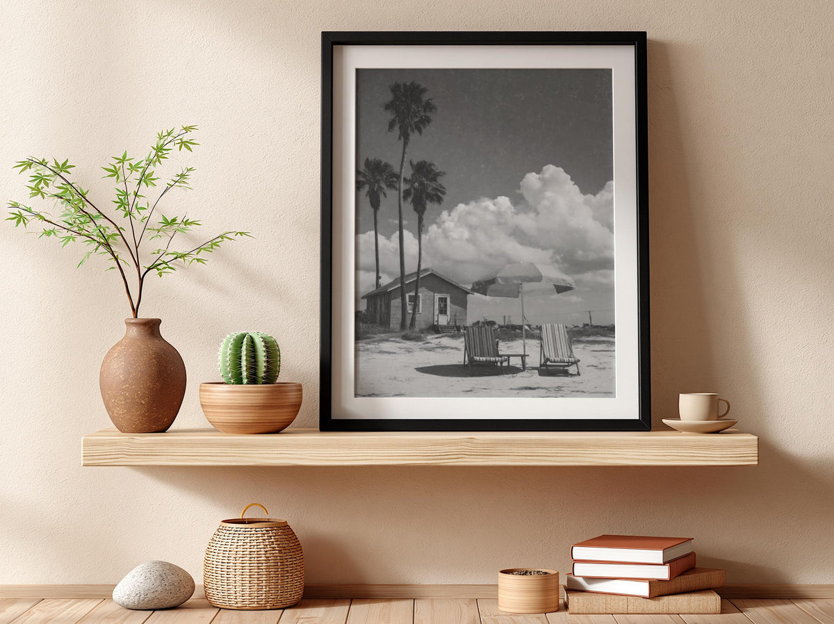 Vintage Beach Cottage Umbrella Poster | Black and White Photography Print | Coastal Wall Art | Retro Summer Travel Decor