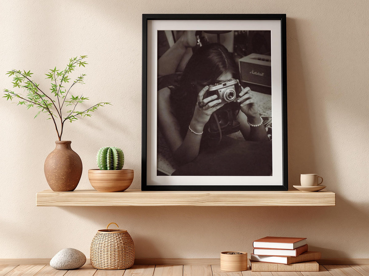 Vintage Camera Self Portrait Poster | Black and White Photography Print | Retro Photography Wall Art | Classic Lifestyle Decor