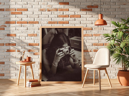 Vintage Camera Self Portrait Poster | Black and White Photography Print | Retro Photography Wall Art | Classic Lifestyle Decor