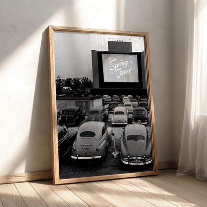Vintage Drive In Movie Night Poster | Black and White Photography Print | Retro Cinema Wall Art | Classic Americana Decor