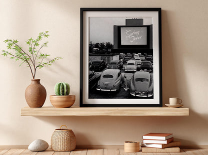 Vintage Drive In Movie Night Poster | Black and White Photography Print | Retro Cinema Wall Art | Classic Americana Decor