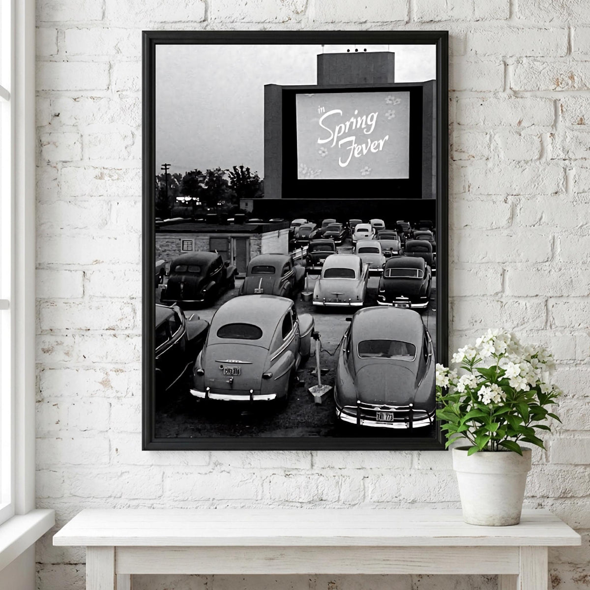 Vintage Drive In Movie Night Poster | Black and White Photography Print | Retro Cinema Wall Art | Classic Americana Decor