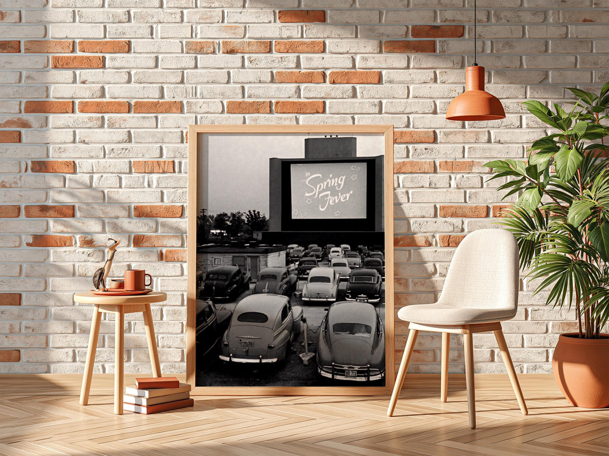 Vintage Drive In Movie Night Poster | Black and White Photography Print | Retro Cinema Wall Art | Classic Americana Decor
