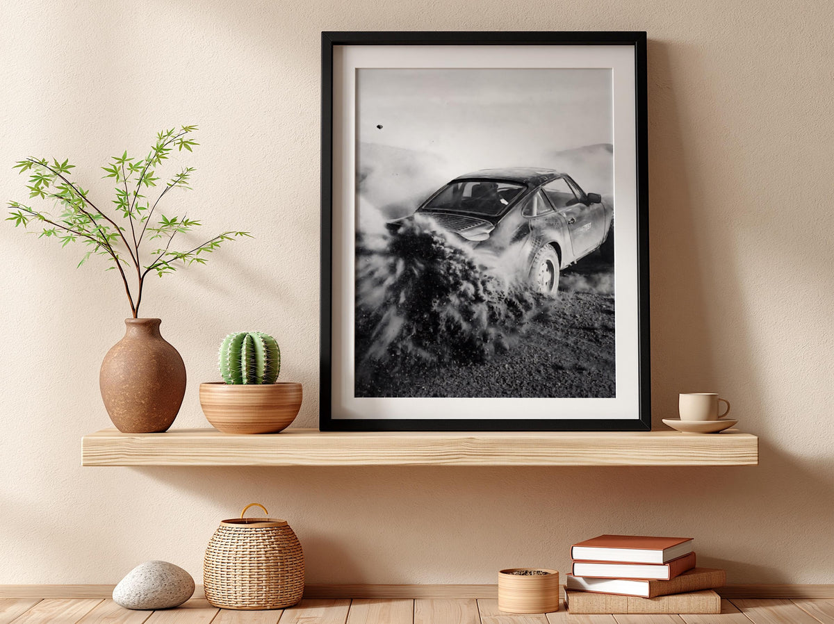 Vintage Rally Dust Poster | Black and White Photography Print | Retro Racing Wall Art | Classic Motorsport Decor