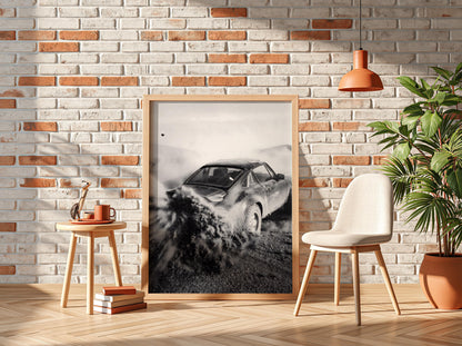 Vintage Rally Dust Poster | Black and White Photography Print | Retro Racing Wall Art | Classic Motorsport Decor