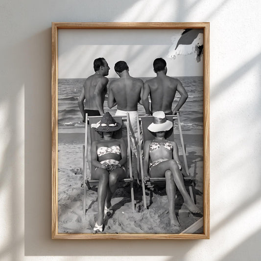 Vintage Riviera Beach Chairs Poster | Black and White Photography Print | Retro Coastal Wall Art | Mediterranean Summer Decor