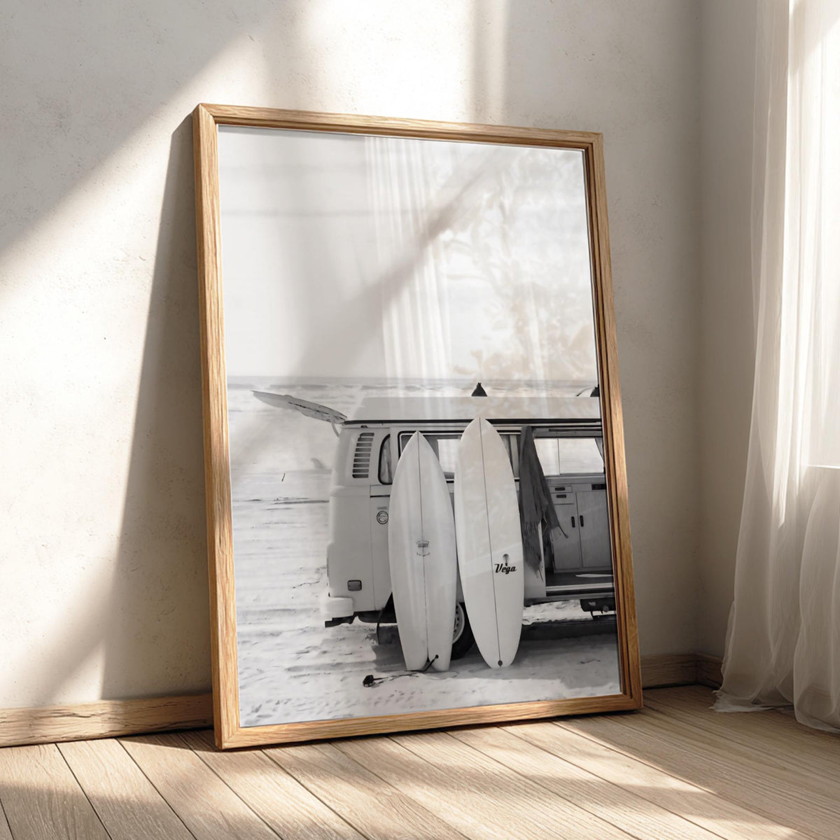 Van Surfboards Beach Poster | Black and White Photography Print | Vintage Surf Wall Art | Retro Coastal Lifestyle Decor