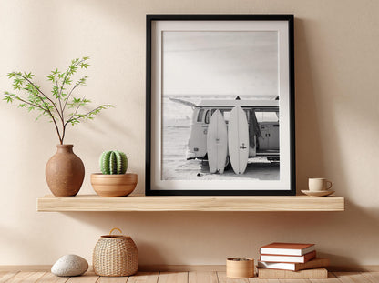 Van Surfboards Beach Poster | Black and White Photography Print | Vintage Surf Wall Art | Retro Coastal Lifestyle Decor