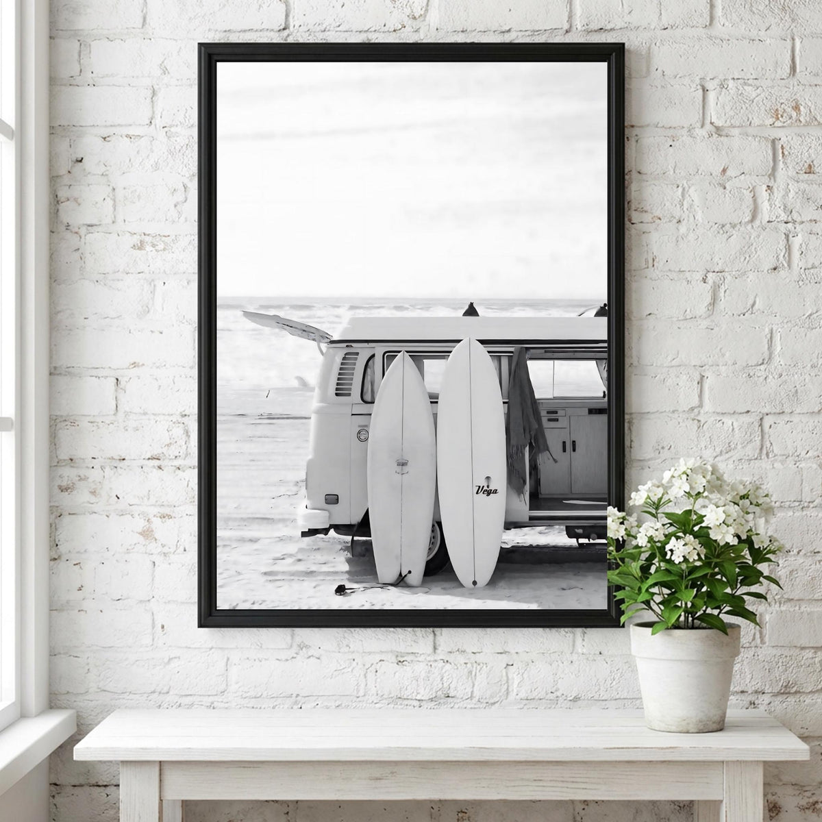 Van Surfboards Beach Poster | Black and White Photography Print | Vintage Surf Wall Art | Retro Coastal Lifestyle Decor