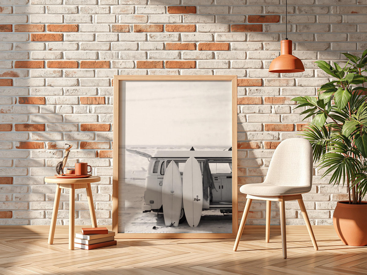 Van Surfboards Beach Poster | Black and White Photography Print | Vintage Surf Wall Art | Retro Coastal Lifestyle Decor