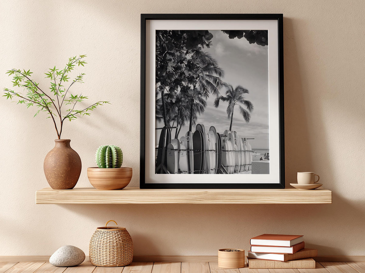 Waikiki Surfboards Under Palms Poster | Black and White Photography Print | Vintage Beach Wall Art | Retro Surf Decor