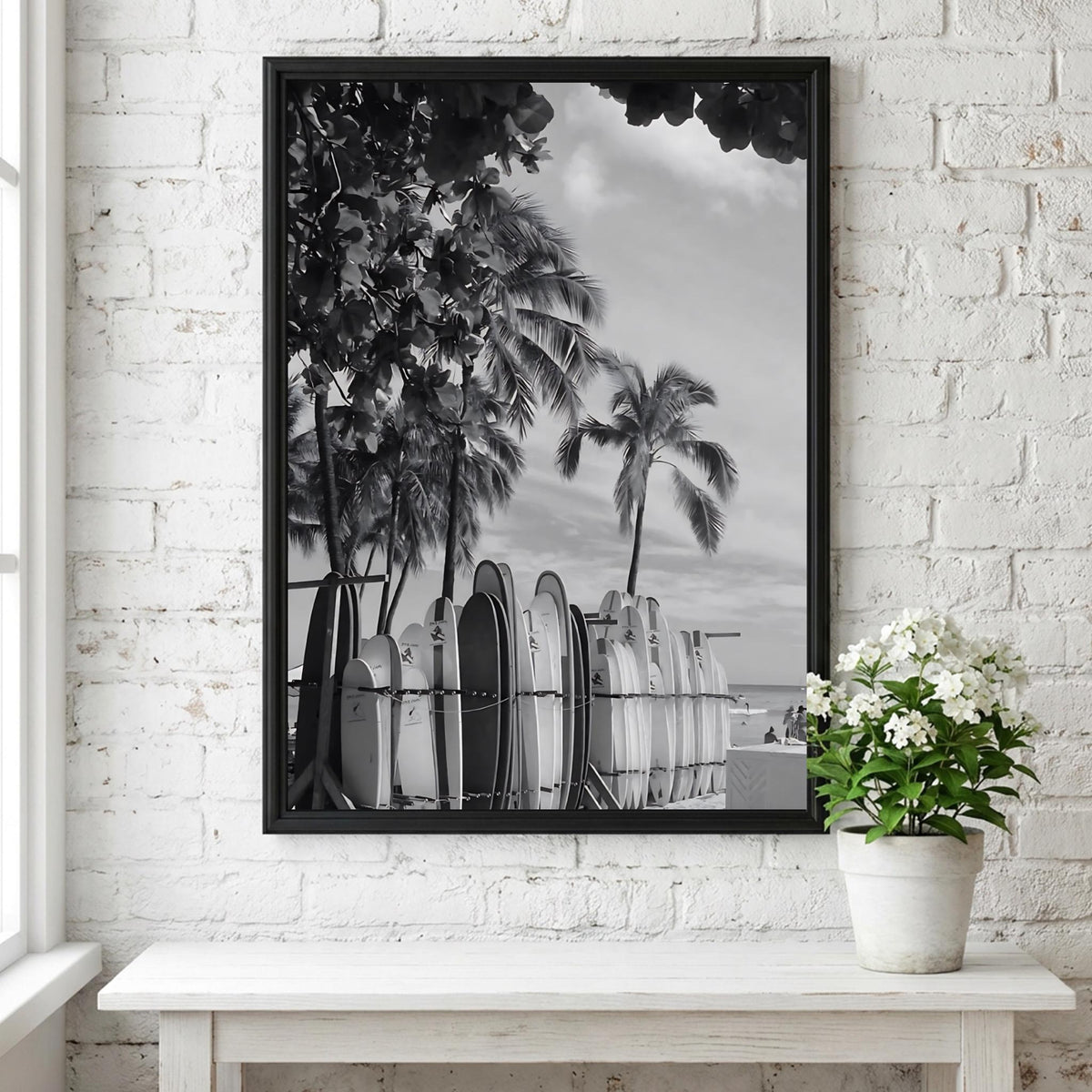 Waikiki Surfboards Under Palms Poster | Black and White Photography Print | Vintage Beach Wall Art | Retro Surf Decor