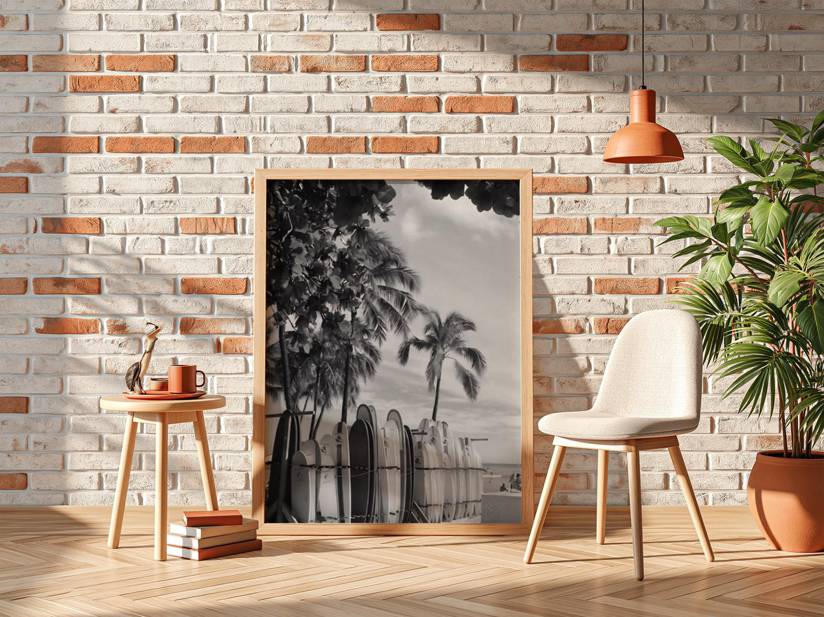Waikiki Surfboards Under Palms Poster | Black and White Photography Print | Vintage Beach Wall Art | Retro Surf Decor